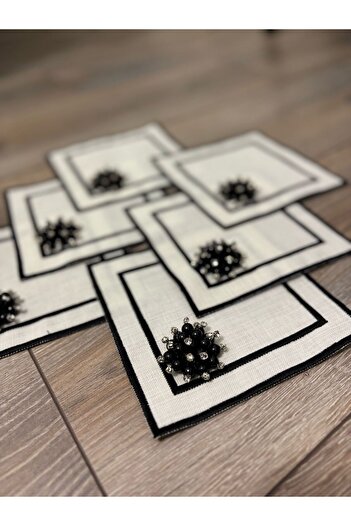 LUXURY 6 Coffee Side Presentation Napkins with Black Pearls