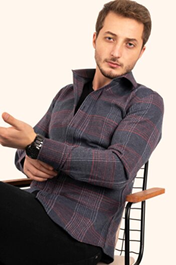 Etikmen Lacivert Kırmızı Çizgili Slimfit Oduncu Erkek Gömlek