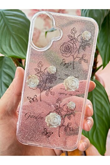 Fibaks Apple iphone 16 compatible case glittery white rose patterned colorful shiny shock absorbing cover