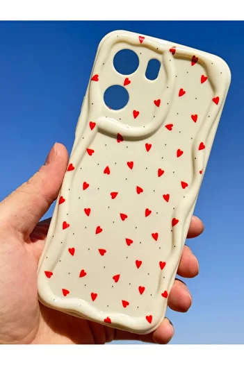 Fibaks Poco X7 Pro Compatible Case with Camera Protection Wave Edge Red Heart Pattern Silicone Cover