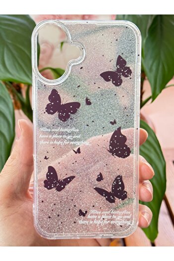 Fibaks Apple iphone 16 compatible case glitter black butterfly patterned colorful glossy shock absorbing cover