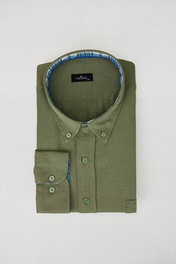 Tudors Men's Big Size Plus Size - Khaki Oxford Texture, Long Sleeve, Single Pocket, Button Collar Shirt