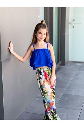 Hilal Akıncı Kids Kız Çocuk Desenli Salaş Pantolon Askılı Renkli Bluz Ikili Takım