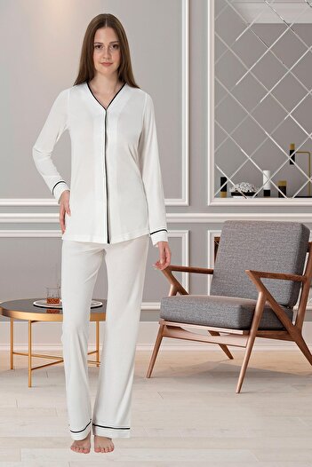 Lohussa Kadın Ekru Özel Tasarım Düğmeli Pamuklu Hamile Lohusa Sabahlık Pijama Takımı Set