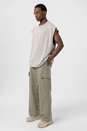 VAMOSCLO Khaki - Elastic Waist Cargo Bagy Trousers