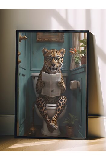 Postifull Siyah Çerçeveli Tablo, Leopard in Toilet, Comfort Serisi Mutfak Duvar Tablosu, NO:108926