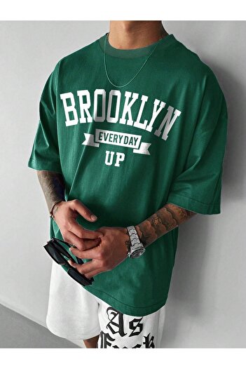 DUBU BUTİK Brooklyn Every Day Up Single Jersey T-Shirt - Nefti Green Printed Oversize Crew Neck Short Sleeve T-Shirt