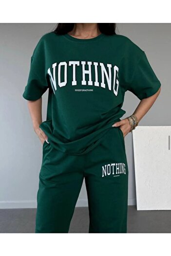 CLAYES Nothing T-shirt Sweatpants Jogger- Πράσινη στάμπα στο κάτω μέρος Κορυφή αθλητική φόρμα Oversize Crew Neck
