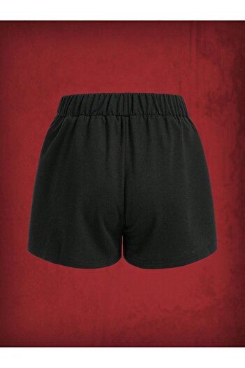DUBU BUTİK Cross Pattern Combed Cotton Shorts - Black Printed Short Without Cord
