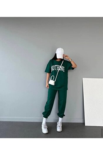 CLAYES Nothing T-shirt Eşofman Altı Jogger- Yeşil Baskılı Alt Üst Eşofman Takım Oversize Bisiklet Yaka