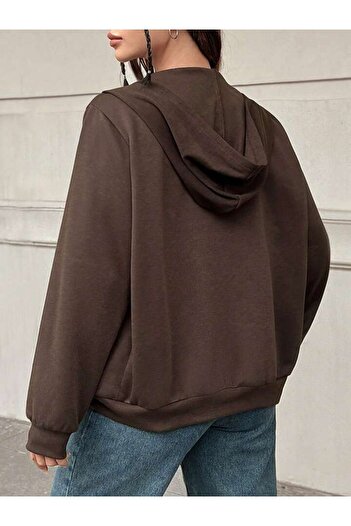 DUBU BUTİK Yazılı Hırka - Kahverengi Baskılı Oversize Kapüşonlu