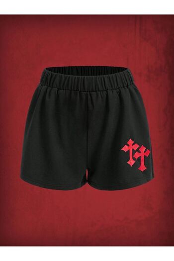 DUBU BUTİK Cross Pattern Combed Cotton Shorts - Black Printed Short Without Cord