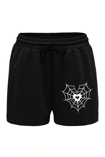 DUBU BUTİK Network Combed Cotton Shorts - Black Printed Short Without Cord
