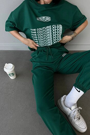 CLAYES Couture Club Πράσινη στάμπα T-shirt Φούτερ Jogger Σετ Oversize Bike Yak