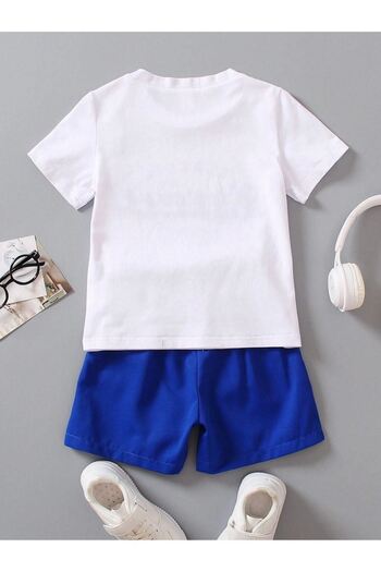 CLAYES White T-Shirt and Sax Blue Shorts - Children's Set Ideal Printed Cotton Writers