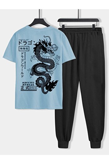 CLAYES Μπλουζάκι Dragon Blue Μαύρο Φούτερ Jogger-Με εμπριμέ στο κάτω μέρος φόρμα Oversize Crew Neck