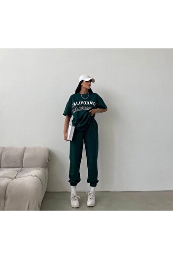 CLAYES California Desing T-Shirt Sweatpants Jogger - Green Printed Bottom Top Tracksuit Set Crew Neck