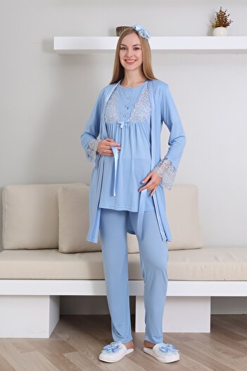 ERDENİZ TEKSTİL Kısa Kol Bisiklet Yaka Hamile & Lohusa Pijama Takımı / 3 Parça Pijama ve Sabahlıklı Hamile Giyim