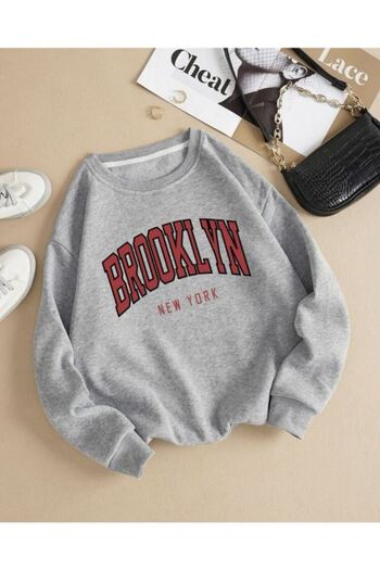 DUBU BUTİK Brooklyn New York Oversize Sweatshirt - Gray Printed, Thick Winter, Crew Neck
