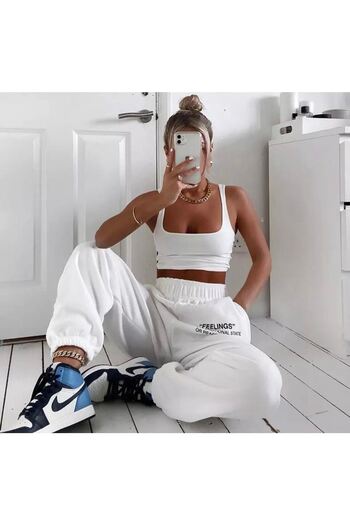 DUBU BUTİK Feelings Sweatpants Jogger - White Printed Rubber Leg High Waist