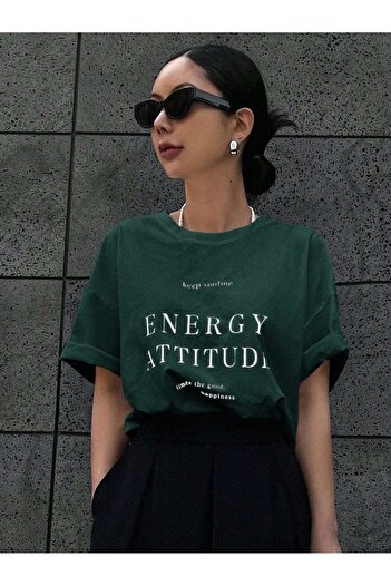 DUBU BUTİK Energy Attitudy Single Jersey T-Shirt - Nefti Green Printed Oversize Crew Neck Short Sleeve T-Shirt