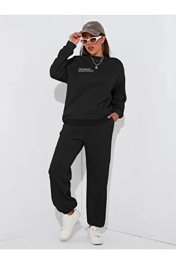 CLAYES Σετ φόρμας Los Angeles Minimal Patterned Black Jogger - Oversize Crew Neck