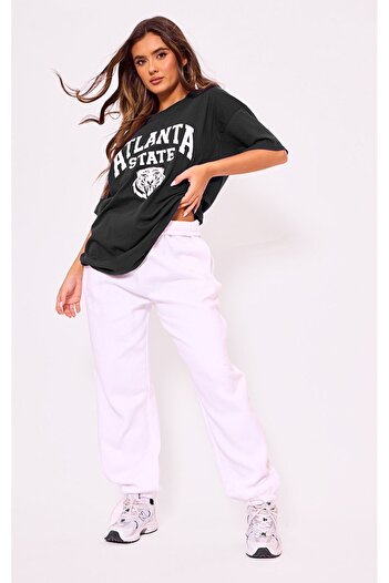 DUBU BUTİK T-Shirt - Μαύρο εμπριμέ κοντομάνικο μπλουζάκι με λαιμόκοψη
