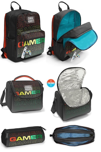 Coral High Gamer Patterned 3-Piece Set School Backpack
