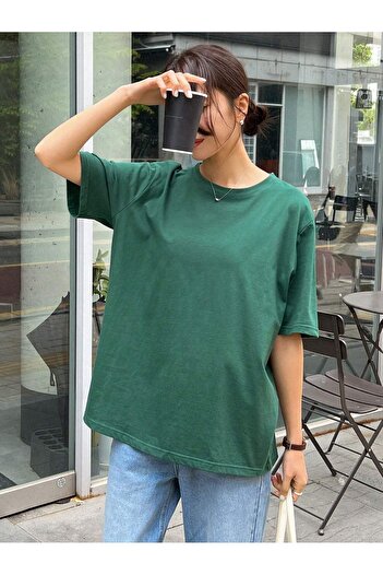 DUBU BUTİK California Aurora Single Jersey T-Shirt - Nefti Green Printed Oversize Crew Neck Short Sleeve T-Shirt