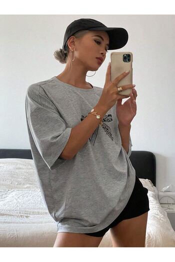DUBU BUTİK Gray Oversize Bow Single Jersey T-Shirt - Crew Neck, Short Sleeve