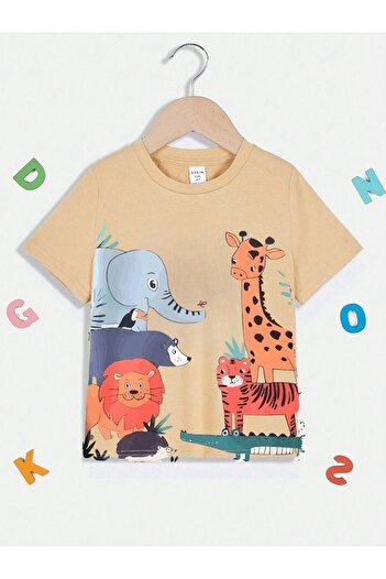 CLAYES Animals Cotton Kids T-Shirt - Beige Printed Girls Boys' Summer Crew Neck T-Shirt