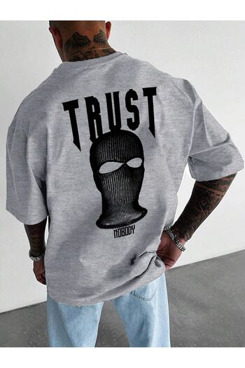 DUBU BUTİK Trust Mast Single Jersey T-Shirt - Gray Printed Oversize Crew Neck Short Sleeve T-Shirt
