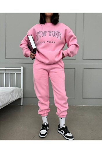 CLAYES New York New York Σετ φούτερ Jogger - Ροζ εμπριμέ Oversize Raster Crew Neck
