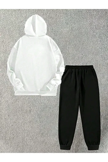 DUBU BUTİK Λευκό και μαύρο σετ αθλητικής φόρμας Oversize με στάμπα - Φούτερ με κουκούλα και Jogger