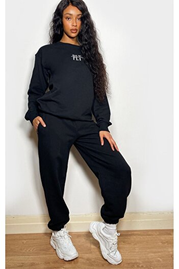CLAYES Plt Minimal Tracksuit Set Sweatshirt Jogger - Printed Oversize Crew Neck Raised Rubber Leg