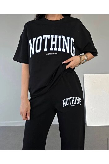CLAYES Nothing T-shirt Eşofman Altı Jogger- Siyah Baskılı Alt Üst Eşofman Takım Oversize Bisiklet Yaka