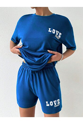 CLAYES Love Yourself T-shirt Shorts - Saks Blue Bottom Top Combination Shorts T-shirt Set Printed Crew Neck
