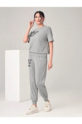 CLAYES The Stars Ribana 2-Pece T-shirt Sweatpants Jogger Grey Top Top Top Set Oversize Crew Neck