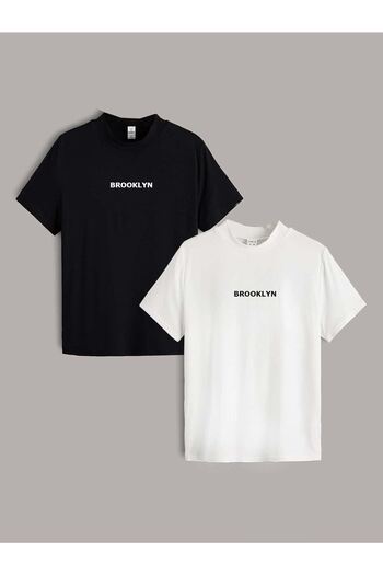VBSVİBES Pack of 2 Black and White - Unisex Oversize Collar Brooklyn Printed Knitted T-shirt