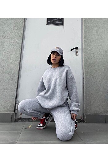 CLAYES Γκρι Oversize Sweatshirt Jogger - Crew Neck Tracksuit Σετ