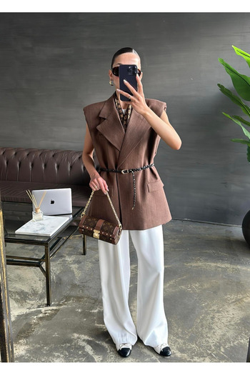 My Blog Brown Padded Knitted Belted Linen Vest - 7513