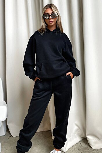 DUBU BUTİK Basic Düz Eşofman Takımı Sweatshirt Jogger - Siyah Oversize Şardonlu Kapüşonlu