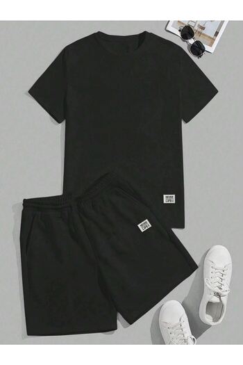 DUBU BUTİK Never Life T-shirt Shorts - Black Bottom Top Combination Shorts T-shirt Set Printed Oversize Crew Neck