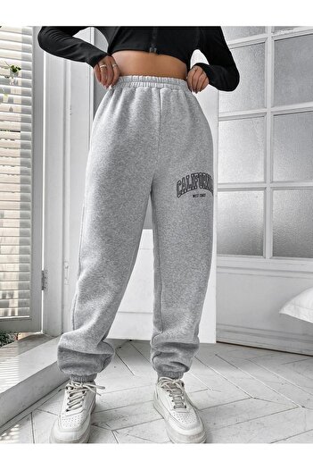 DUBU BUTİK California West Coast Eşofman Altı Jogger - Gri Baskılı Lastik Paça Yüksek Bel