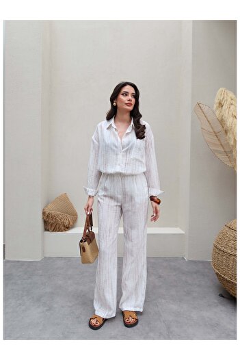 ESRAHELVACI Line Patterned Linen Shirt Pants Set