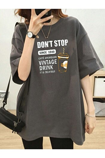 DUBU BUTİK Dont Stop T-shirt - Füme Baskılı Oversize Bisiklet Yaka Kısa Kol Tişört