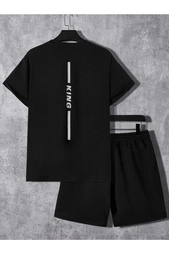 DUBU BUTİK King Back T-shirt Shorts - Black Bottom Top Combination Shorts T-shirt Set Printed Oversize Crew Neck