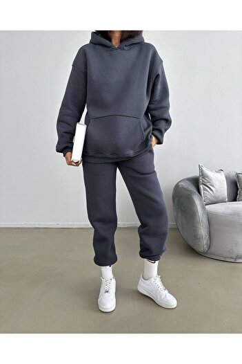 CLAYES Unprinted Tracksuit Set Sweatshirt Jogger - Smoke Oversize Hooded