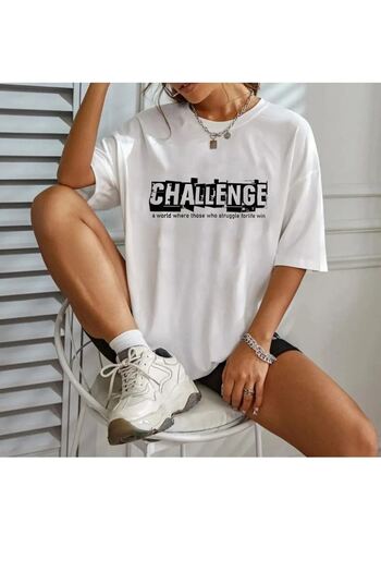 DUBU BUTİK Unisex Λευκό βαμβακερό μπλουζάκι Relaxed Cut Oversize Challenge Printed