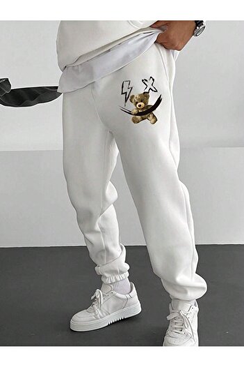 DUBU BUTİK Lightning Bear Sweatpants Jogger - White Printed Rubber Leg High Waist